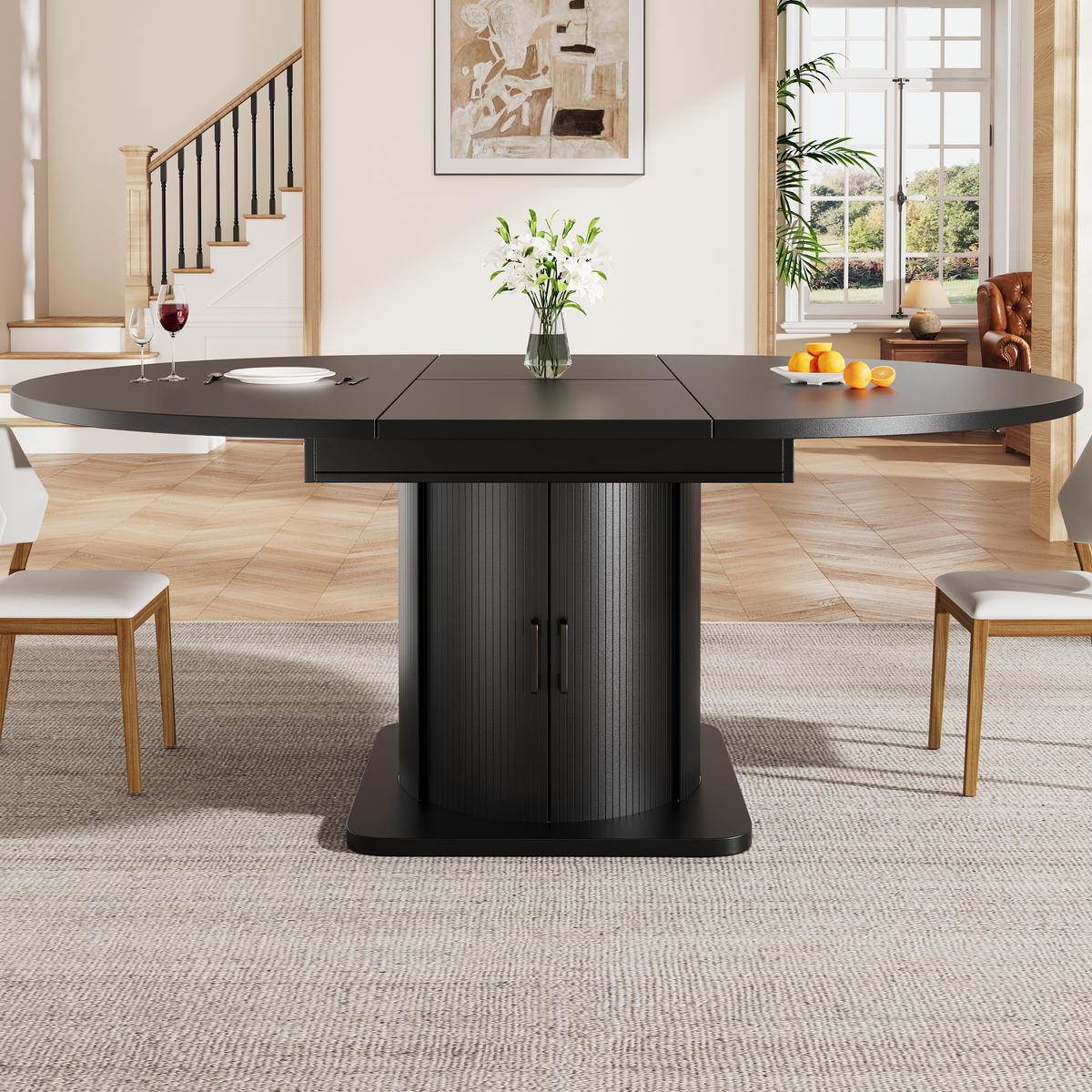 ESSTISCH in Schwarz Runder Küchentisch mit 118-158 ausziehbarer Tisch und Schubladen, 118-158/118/76cm - Schwarz, Holzwerkstoff (118/118/76cm) - STILVORA