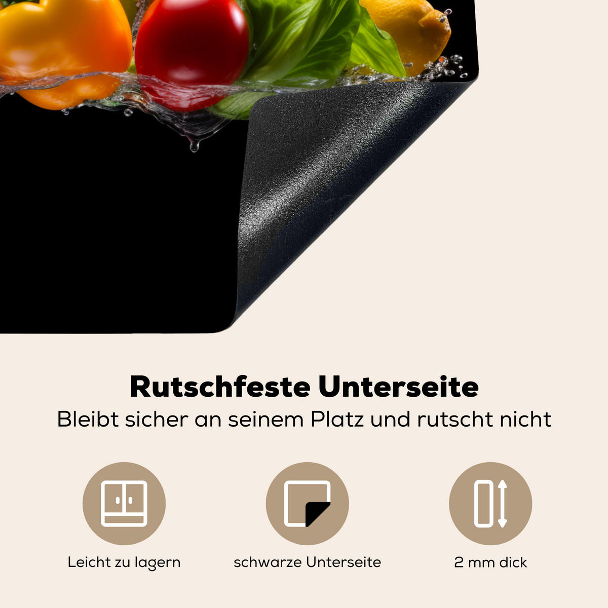 HERDABDECKPLATTE Paprika - Wasser - Gemüse - Schwarz Herdabdeckung Induktionsfeld 65x52 cm - Multicolor, Kunststoff (65/52/0.2cm) - MuchoWow