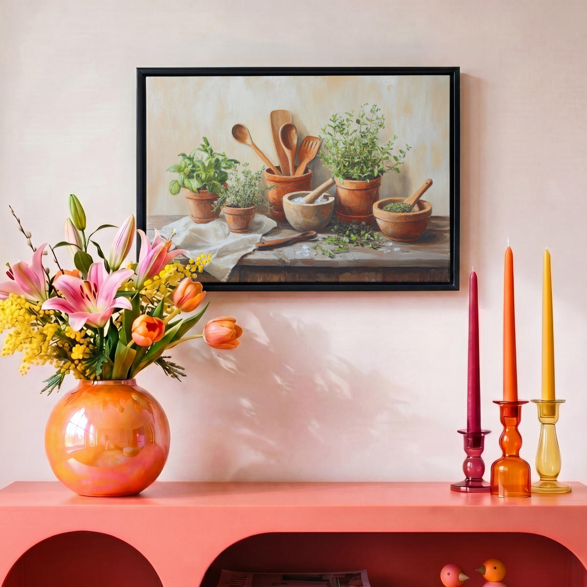 LEINWAND Bilder mit Rahmen - Töpfe - Kräuter - Holz - 30x20 - Terracotta, Textil (30/20cm) - MuchoWow