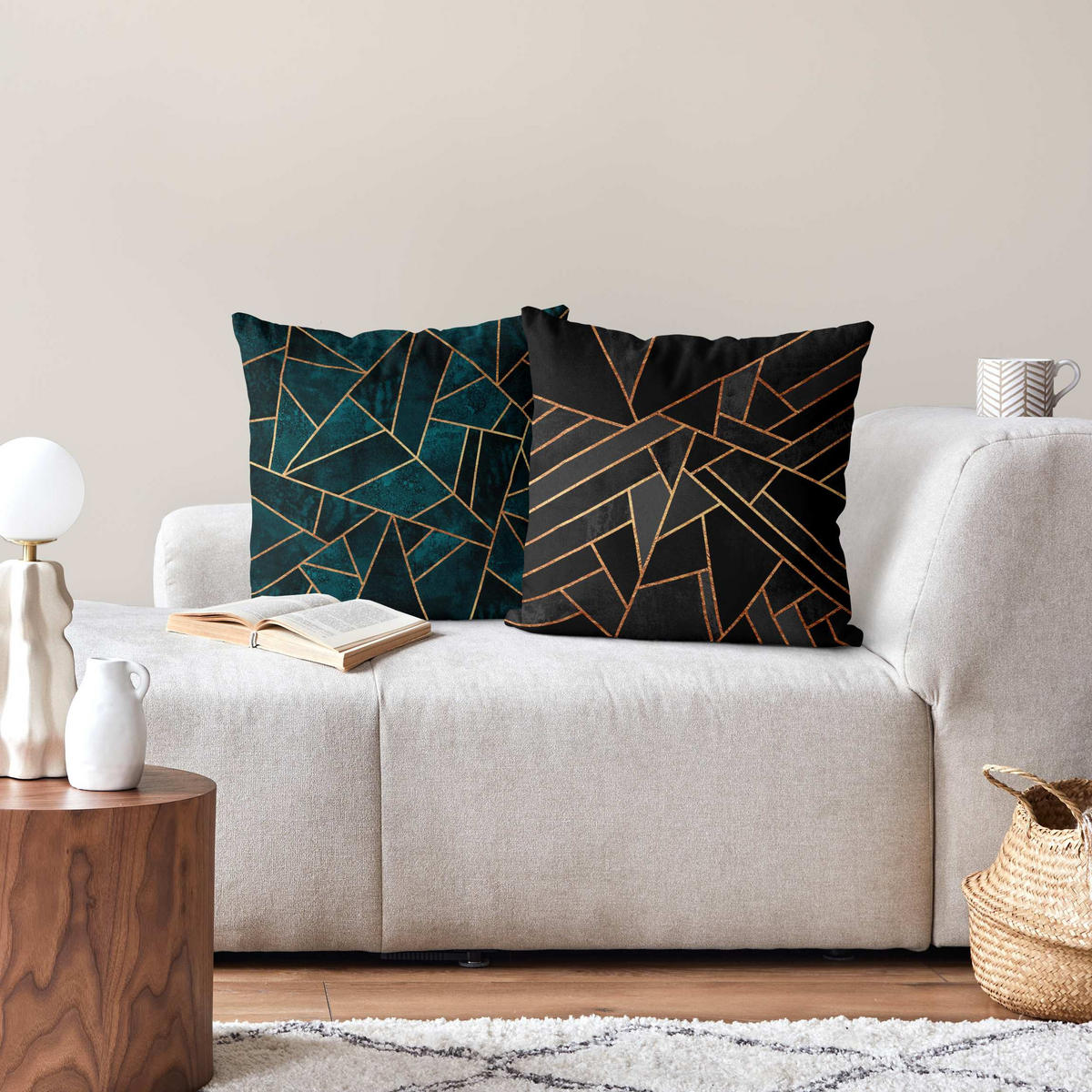 DEKOKISSEN 2er-Set Dreiecke Schwarz Türkis Gold Duo 40/40 cm - Schwarz, Textil (40/40cm) - Bilderwelten
