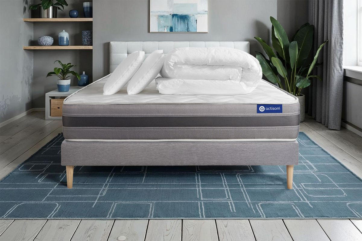 BETT Actiflex relax Taschenfederkern und Memory-Schaum 200 x 200 cm h1 - Kit Bettgestell Grau - Mit Kissen und Bettdecke - Beige/Grau, Karton/Holz (200/200cm) - ACTISOM