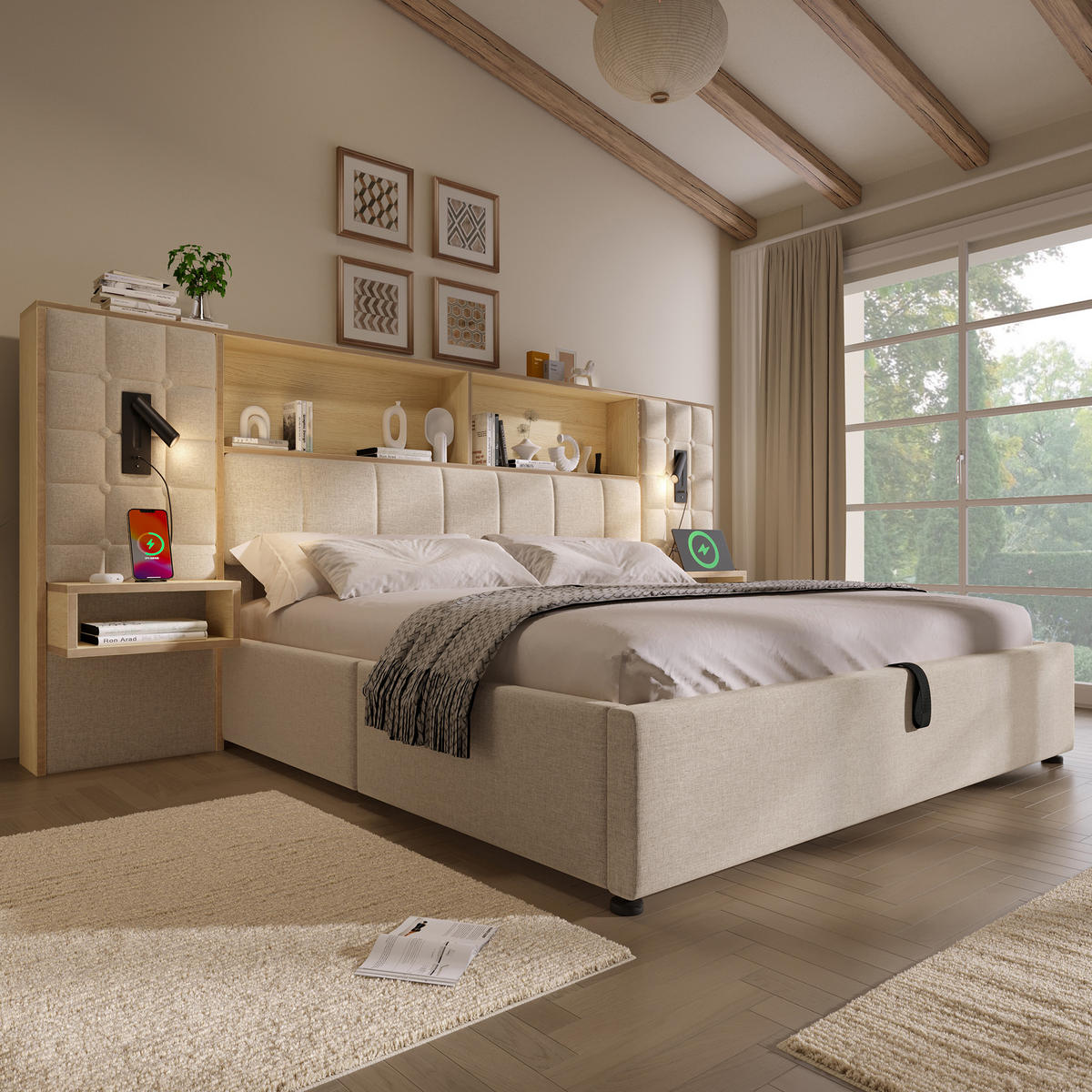 BETT 180/200 cm in Beige mit Bettkasten, LED, Leselampen, USB, Type-C und Nachttischen - Beige, Holzwerkstoff/Textil (180/200cm) - WISHDOR