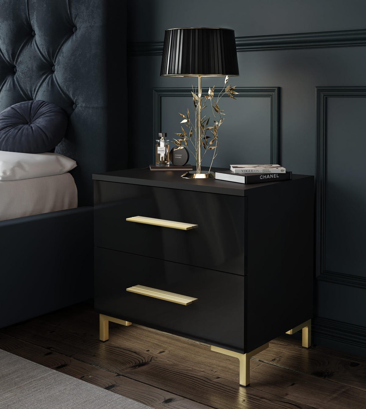 NACHTTISCH LINA GOLD mit Beinen, Hochglanz - Schwarz, Holzwerkstoff (55/52/37cm) - Lookway