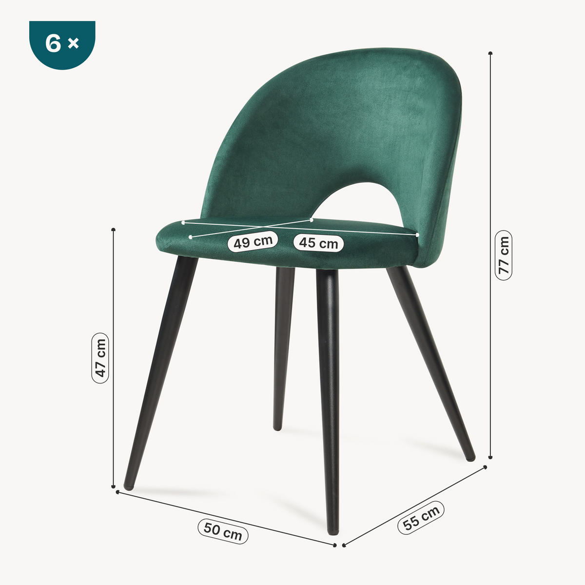 SADA JÍDELNÍCH ŽIDLÍ, 6 KS Karijoki - černá/tmavě zelená, kov/textil (50/77/55cm) - [en.casa]