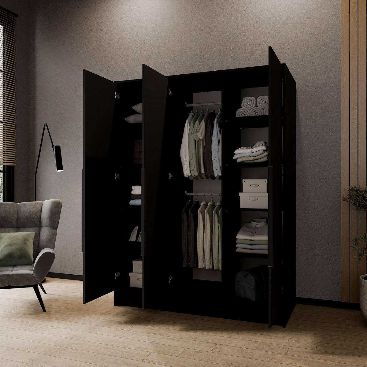 FLÜGELTÜRENSCHRANK PORTO - Schwarz, Holzwerkstoff (150/200/51cm) - Meblini