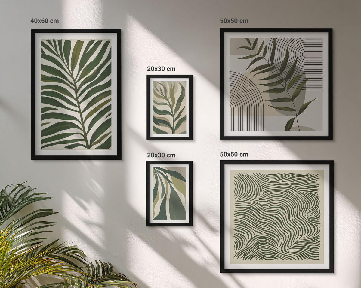 BILDER SET 5er Set - 50x50 cm & 20x30 cm & 40x60 cm Schwarzer Rahmen - Blätter, Wellen – Pastellillustrationen - Schwarz, Kunststoff (40/60cm) - TULUP