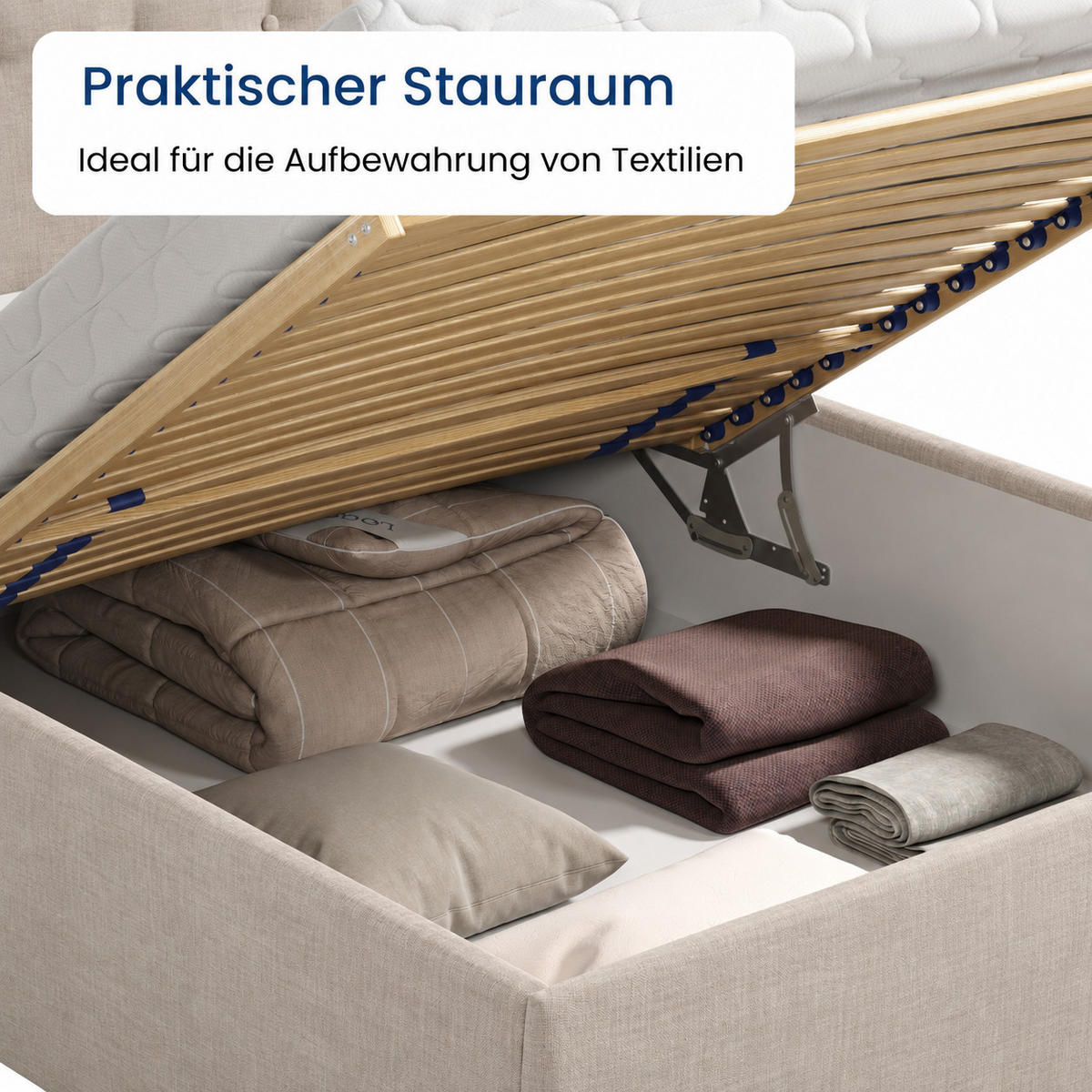 POLSTERBETT mit verstellbarem Lattenrost & Bettkasten, Kaltschaummatratze, 200 x 200 cm in Creme - Creme, Holzwerkstoff/Textil (200/200cm) - Home Collective