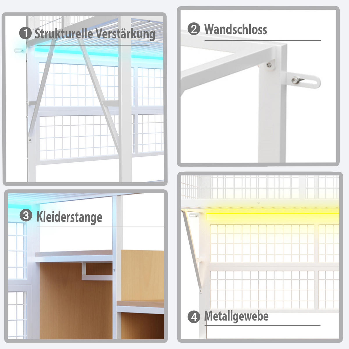 HOCHBETT 140/200 cm Weiß aus Metall mit LED-Beleuchtung und Treppe mit Stauraum - Weiß, Metall (140/200cm) - OKWISH