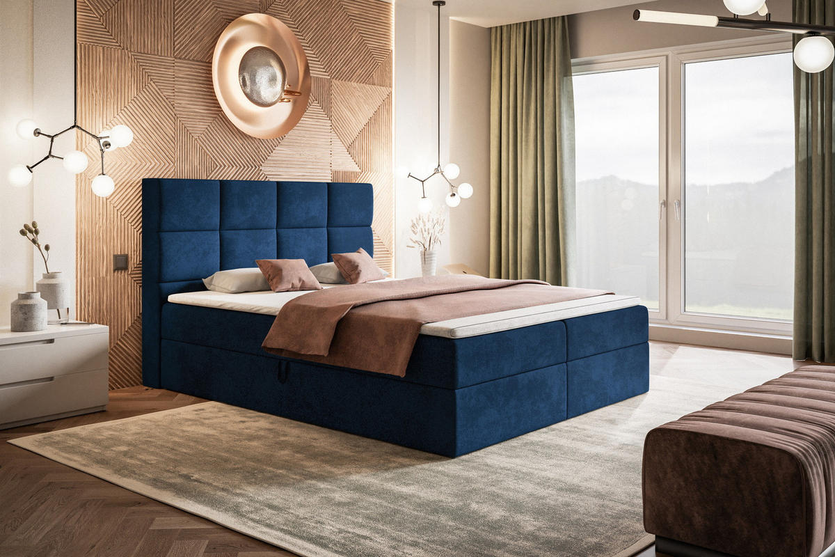 BOXSPRINGBETT mit Topper 160x200 Solo, Bettkasten, Matratze, Blau - Blau, Holz/Textil (160/200cm) - Emporius