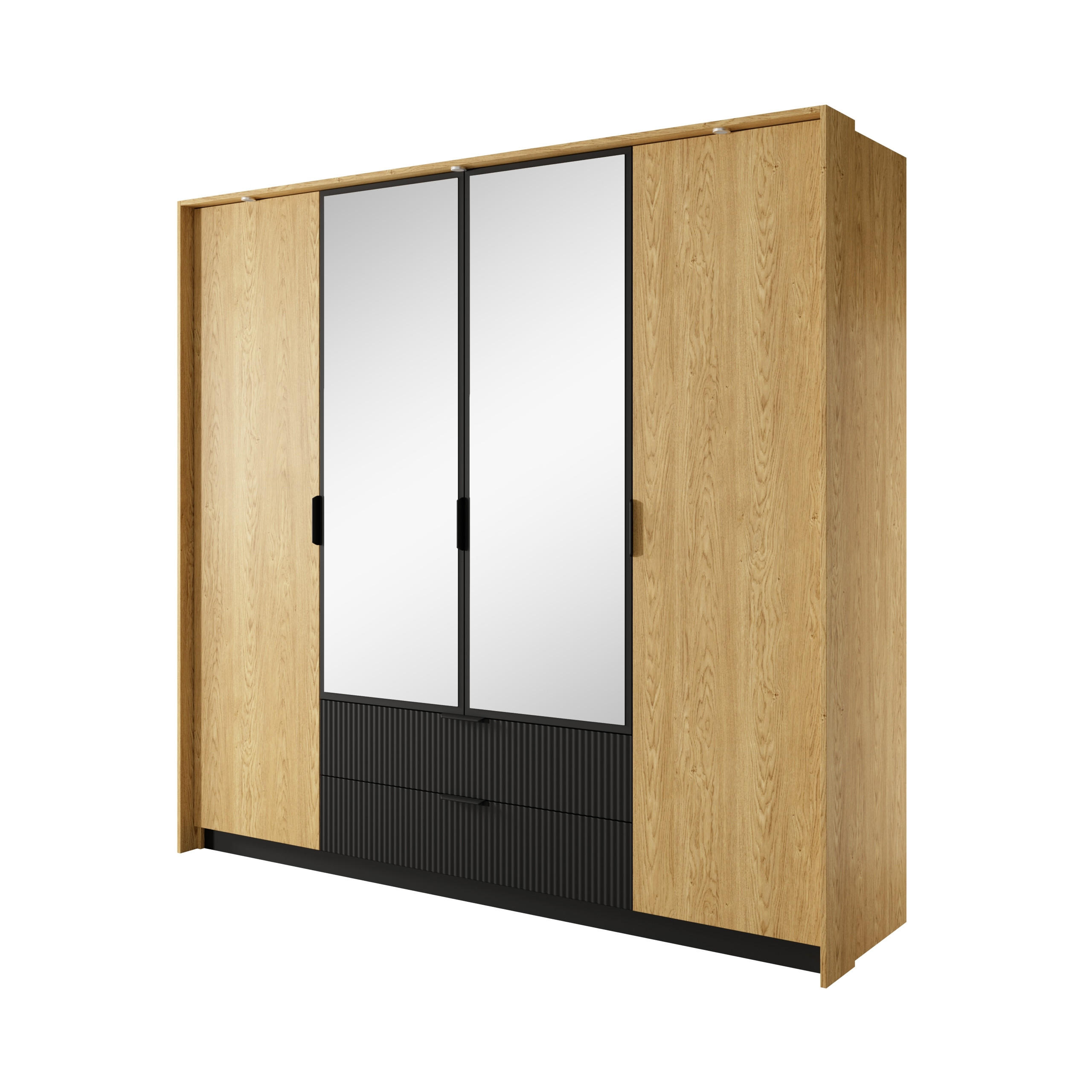 DREHTÜRENSCHRANK BALTICO 223,2/210/59 cm 4-türig mit Spiegel Eichefarben - Eichefarben/Schwarz, Holzwerkstoff (223.2/210/59cm) - MASSENO
