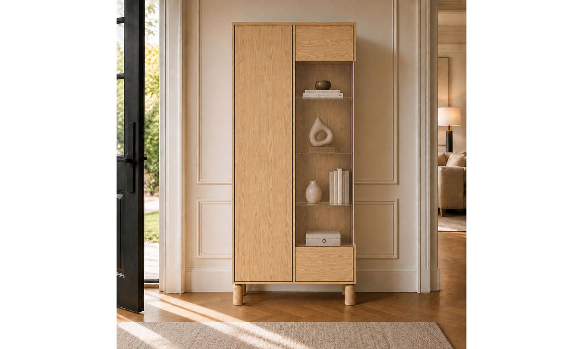 VITRINE LINDEN 89/40,6/197 cm mit Glastür ohne LED Eiche Bookmatch - Eichefarben, Eichenholz/Holzwerkstoff (89/197/40.6cm) - Lookway