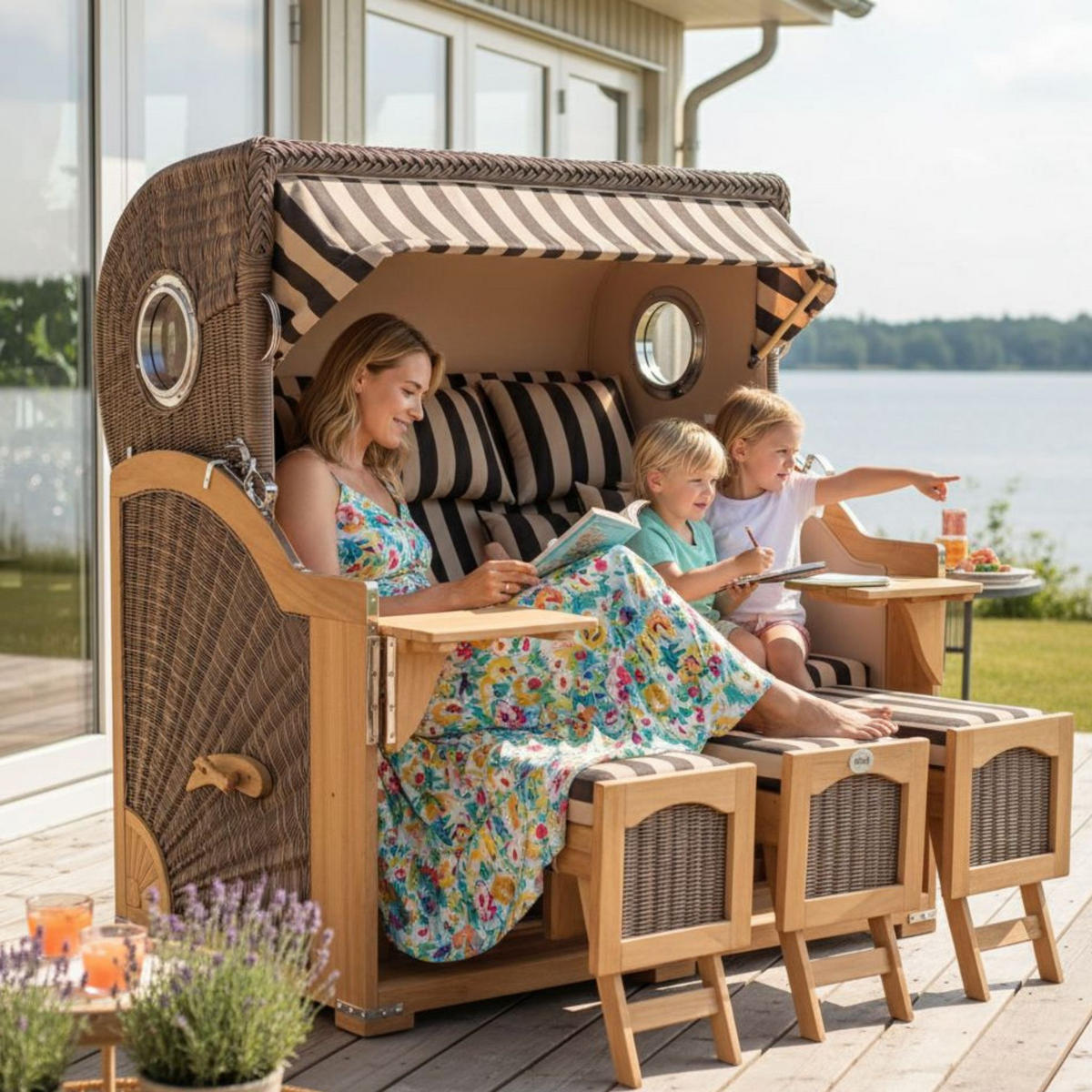 STRANDKORB XXL Düne Grande Teak PE Grey - Braun/Grau, Metall (170/170/95cm) - Mr. Deko