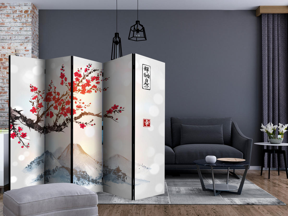 PARAVÁN Obojstranný 5-Dielny 225x172 cm Hora Fudži a Čerešňové Kvety - viacfarebná, drevo/textil (225/172/3cm) - Muralo