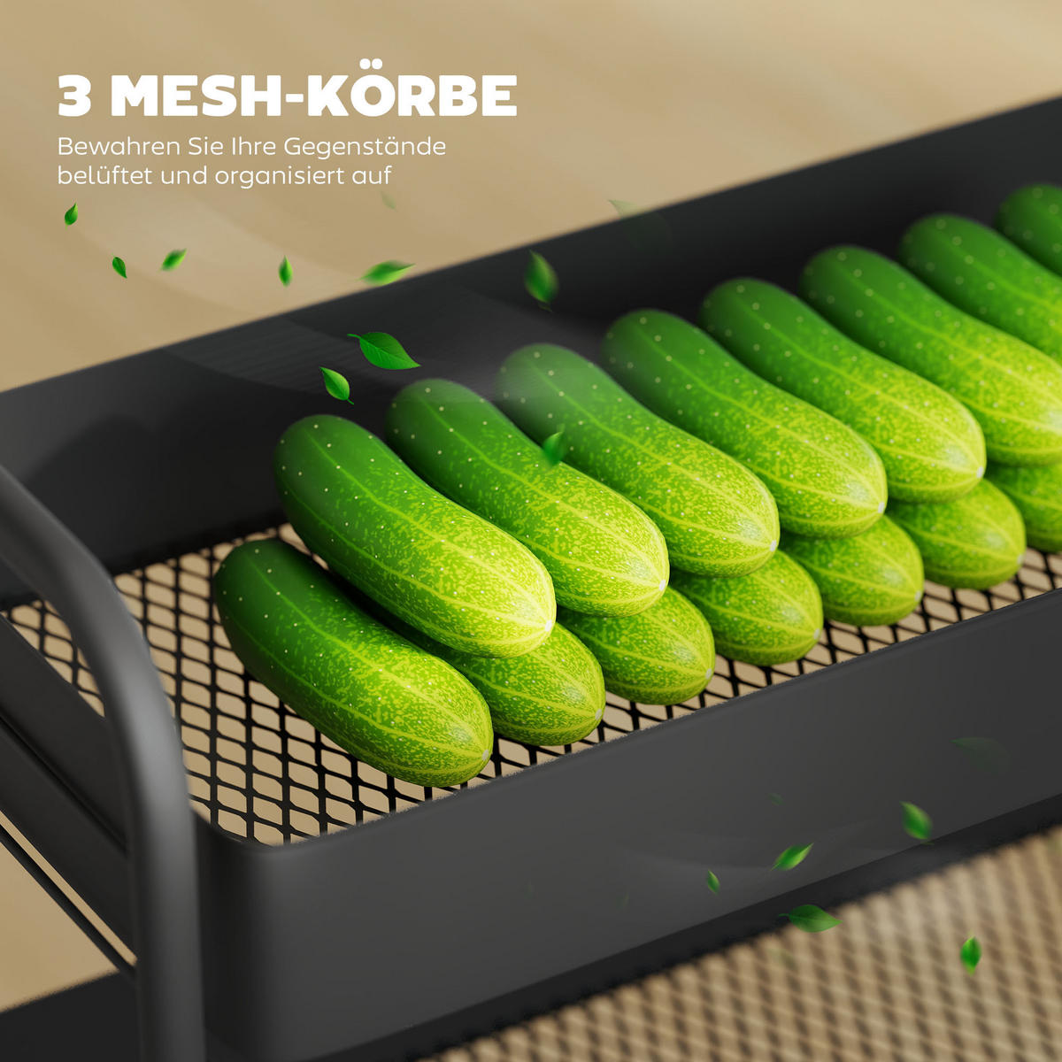 KÜCHENWAGEN Rollwagen mit 3 Ebenen Servierwagen mit Körbe Griff, Küchenregal - Schwarz, Metall (34/87/64.5cm) - HOMCOM