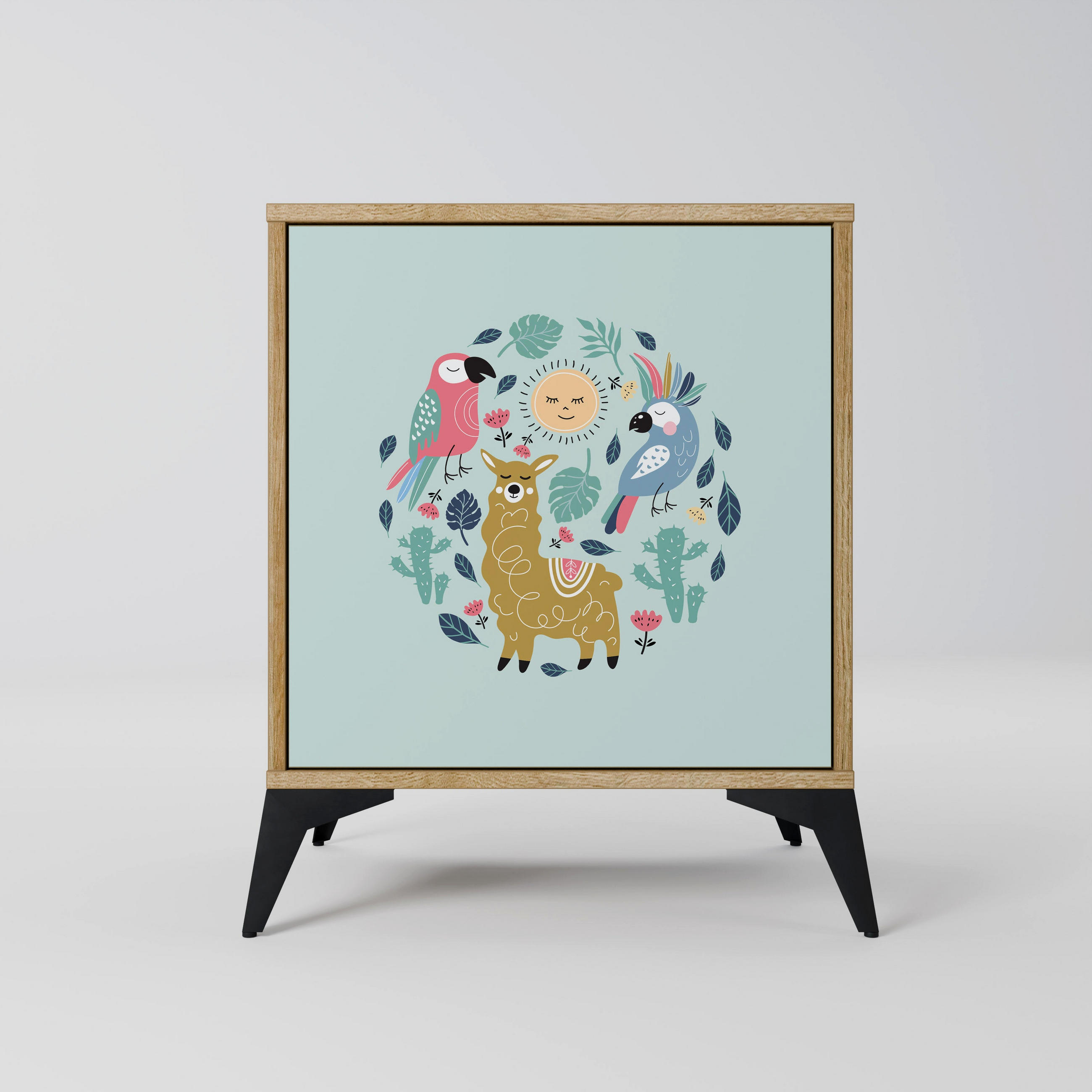 SIDEBOARD COLORFUL ALPACAS, Eichefarben, 57,5x42x70,5 cm, Schwarze Metall-Sternfüße - Eichefarben/Multicolor, Holzwerkstoff/Metall (57.5/70.5/42cm) - SpaceRebels