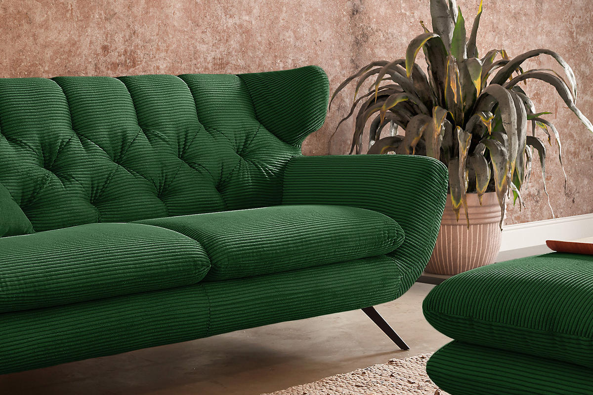 SOFA CHARME Smaragdgrün Cord - Smaragdgrün/Schwarz, Textil/Metall (200/94/95cm) - KAWOLA