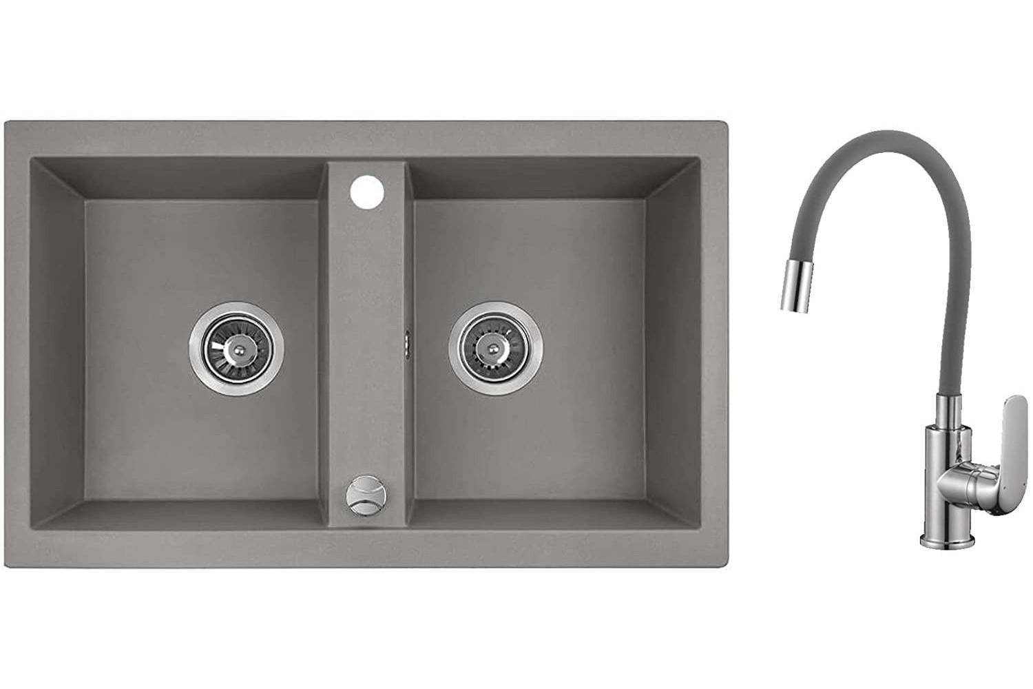 SPÜLEN-SET Barbados Grau, 3-teilig, Doppelbecken, mit Armatur, 48/78/18,5 cm - Grau, Stein (48/18.5/78cm) - bad land