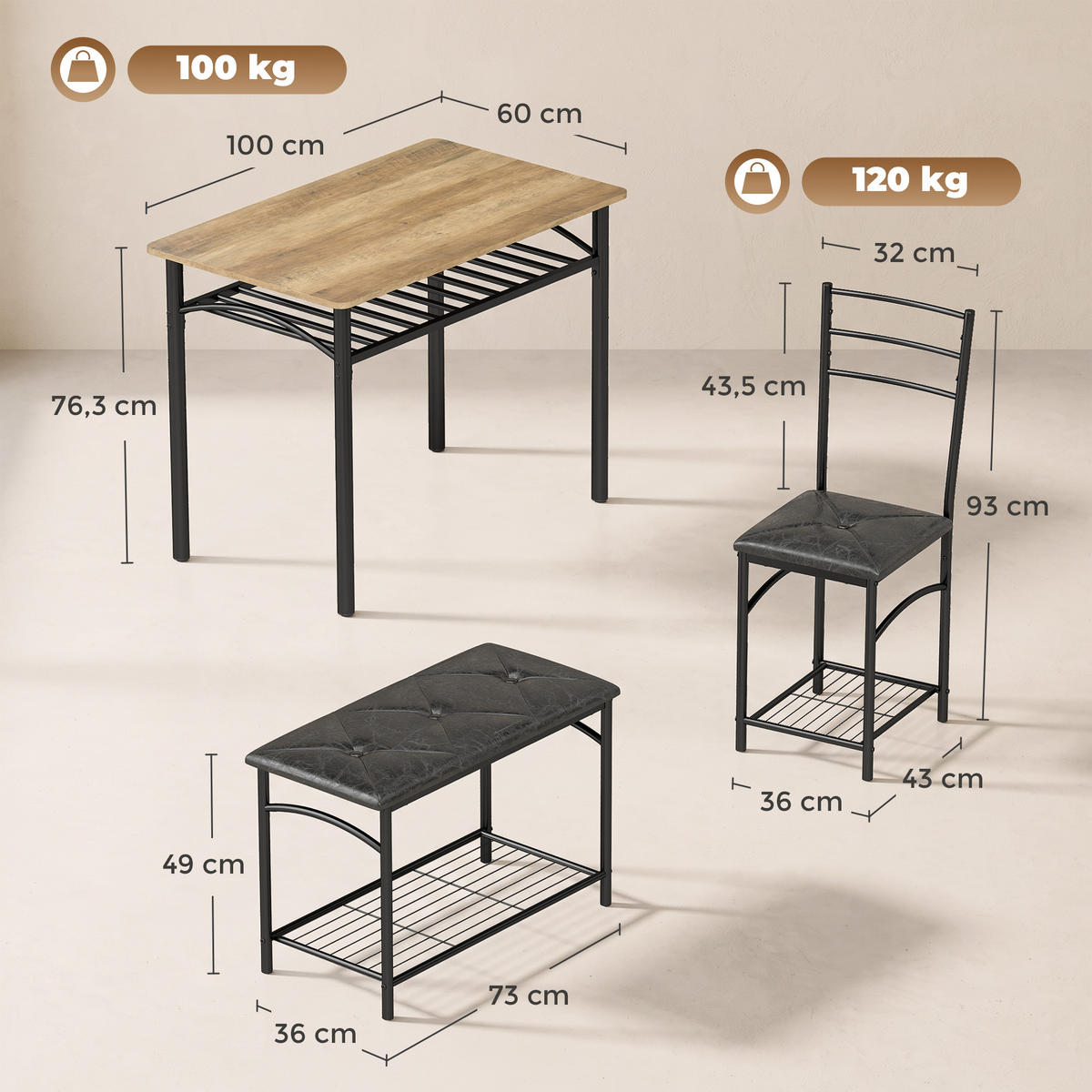MATSALSGRUPP, 4-delars set, av metall och MDF, rustikalbrun - Brun/Svart, Träbaserade material/Plast (60/76.3/100cm) - HOMCOM