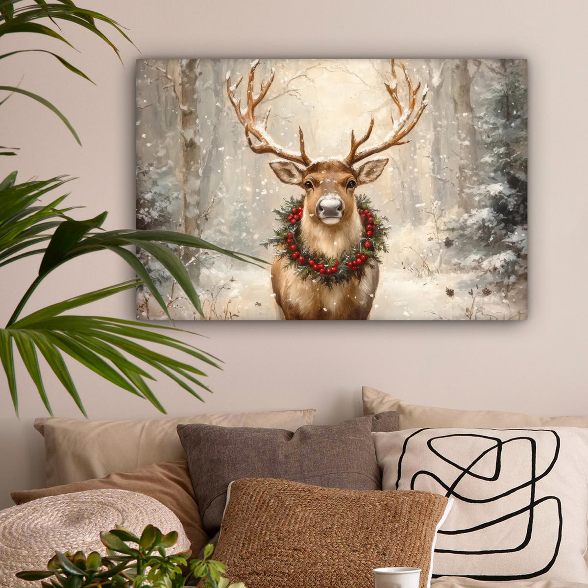 LEINWANDBILD Weihnachten - Rentier - Winter - Kranz Wanddeko 90x60 cm - Naturfarben, Textil (90/60cm) - MuchoWow