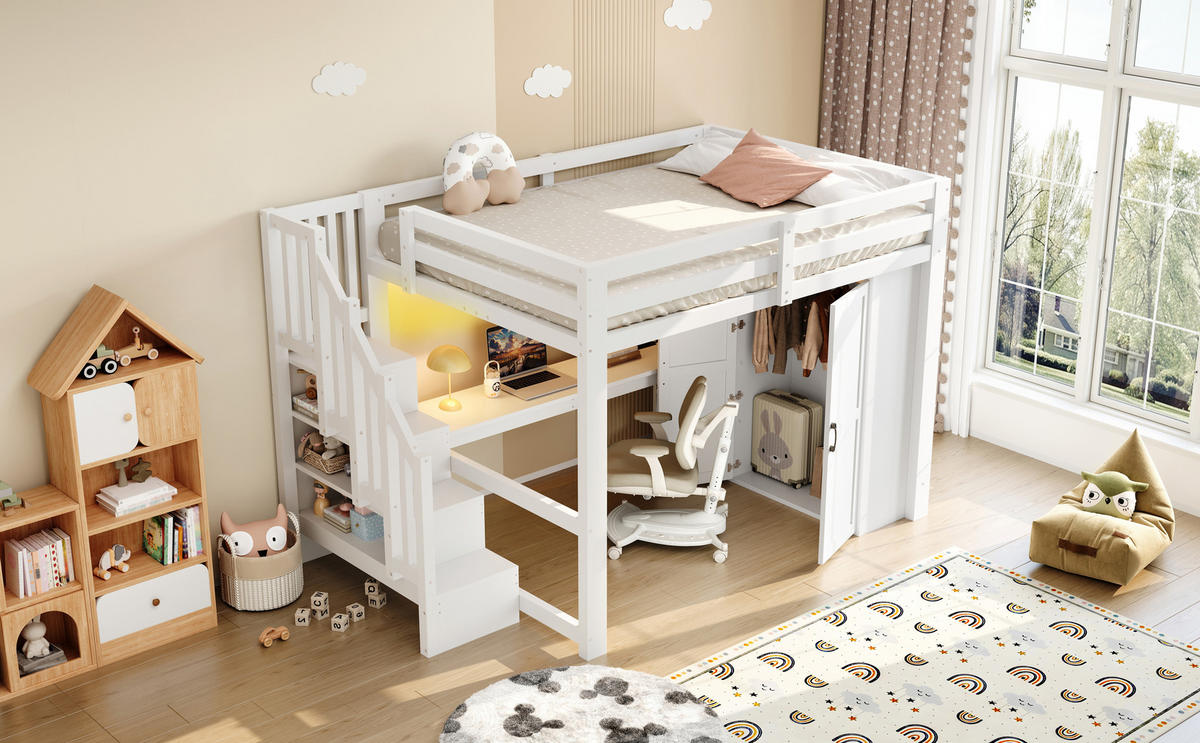 HOCHBETT weiß 140 × 200 cm aus MDF‑Kiefernholz mit Schreibtisch, Regal, Kleiderschrank, Stauraumtreppe, USB und LED‑Leuchten - Weiß, Holzwerkstoff (140/200cm) - Luhomfu