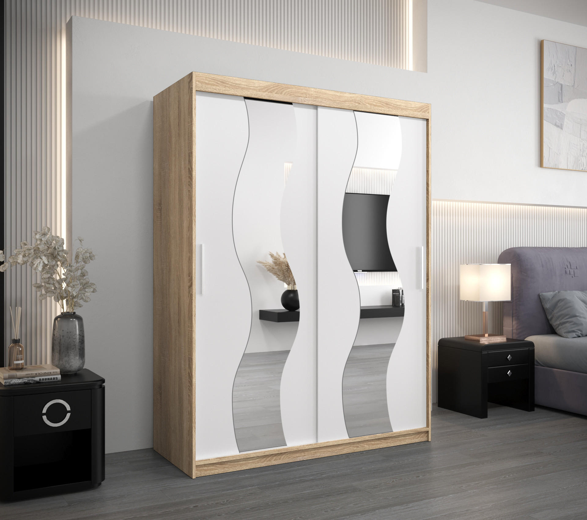 SCHWEBETÜRENSCHRANK 200/150/62 2-türig - Silberfarben/Weiß, Holz/Kunststoff (150/200/62cm) - Abiks Möbel