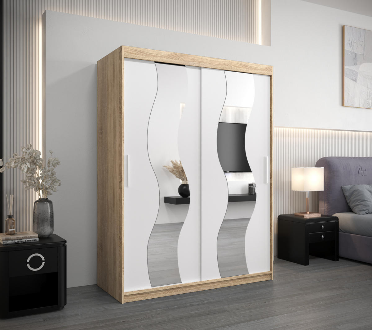 SCHWEBETÜRENSCHRANK 200/150/62 2-türig - Silberfarben/Weiß, Holz/Kunststoff (150/200/62cm) - Abiks Möbel