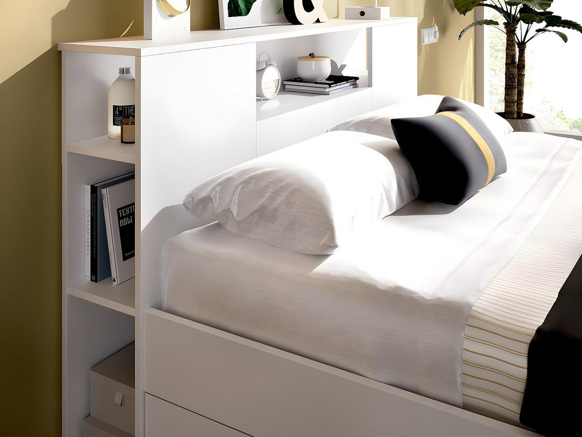 BETT mit Kopfteil, Stauraum & Schubladen - 140 x 190 cm - Weiß - LEANDRE - Weiß, Holz (149.6/218.5cm) - Vente-Unique