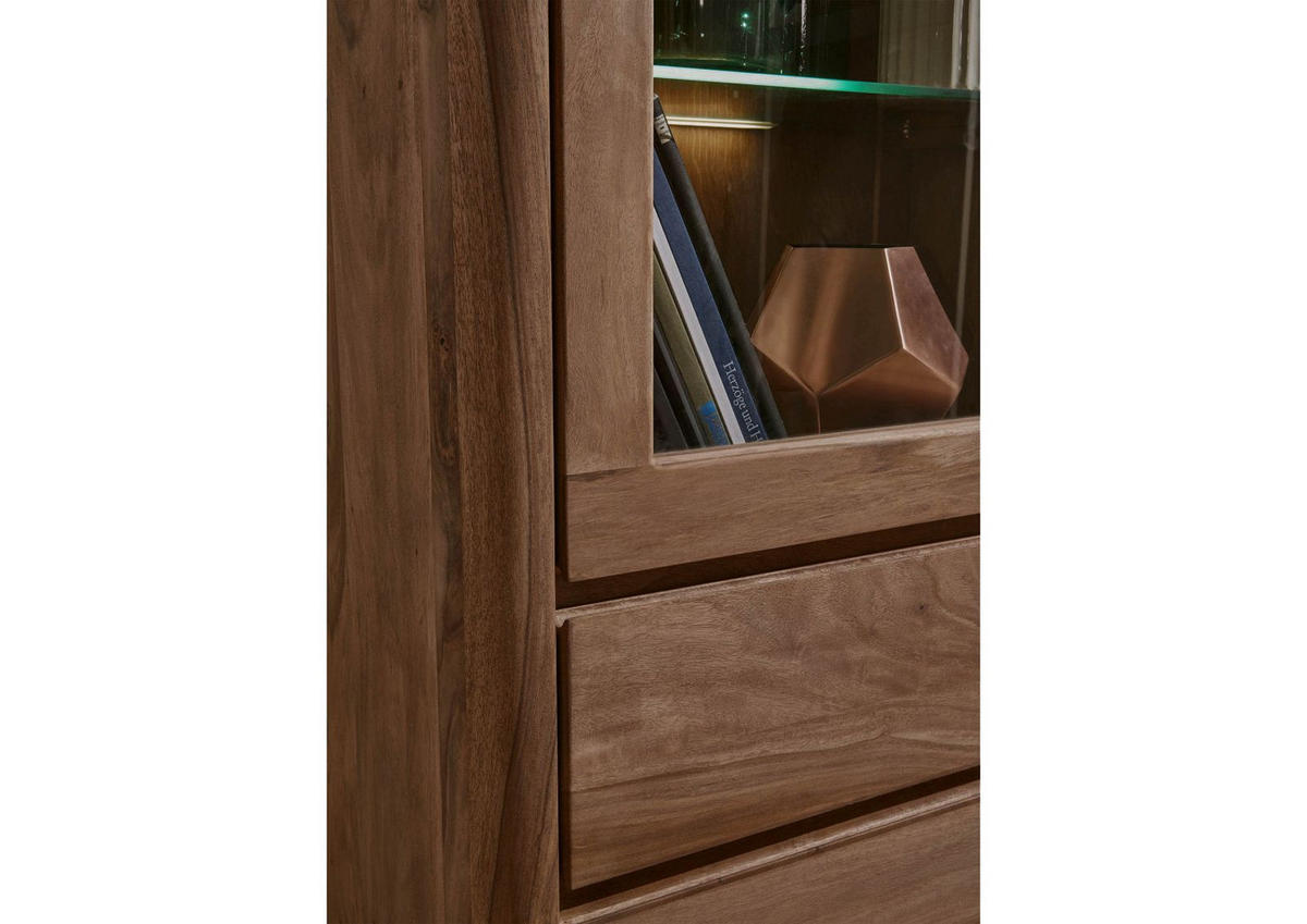 VITRINE Sheesham 70x40x145 rot-braun gebeizt TORONTO #108 - Dunkelbraun, Holz (70/145/40cm) - Massivmoebel24