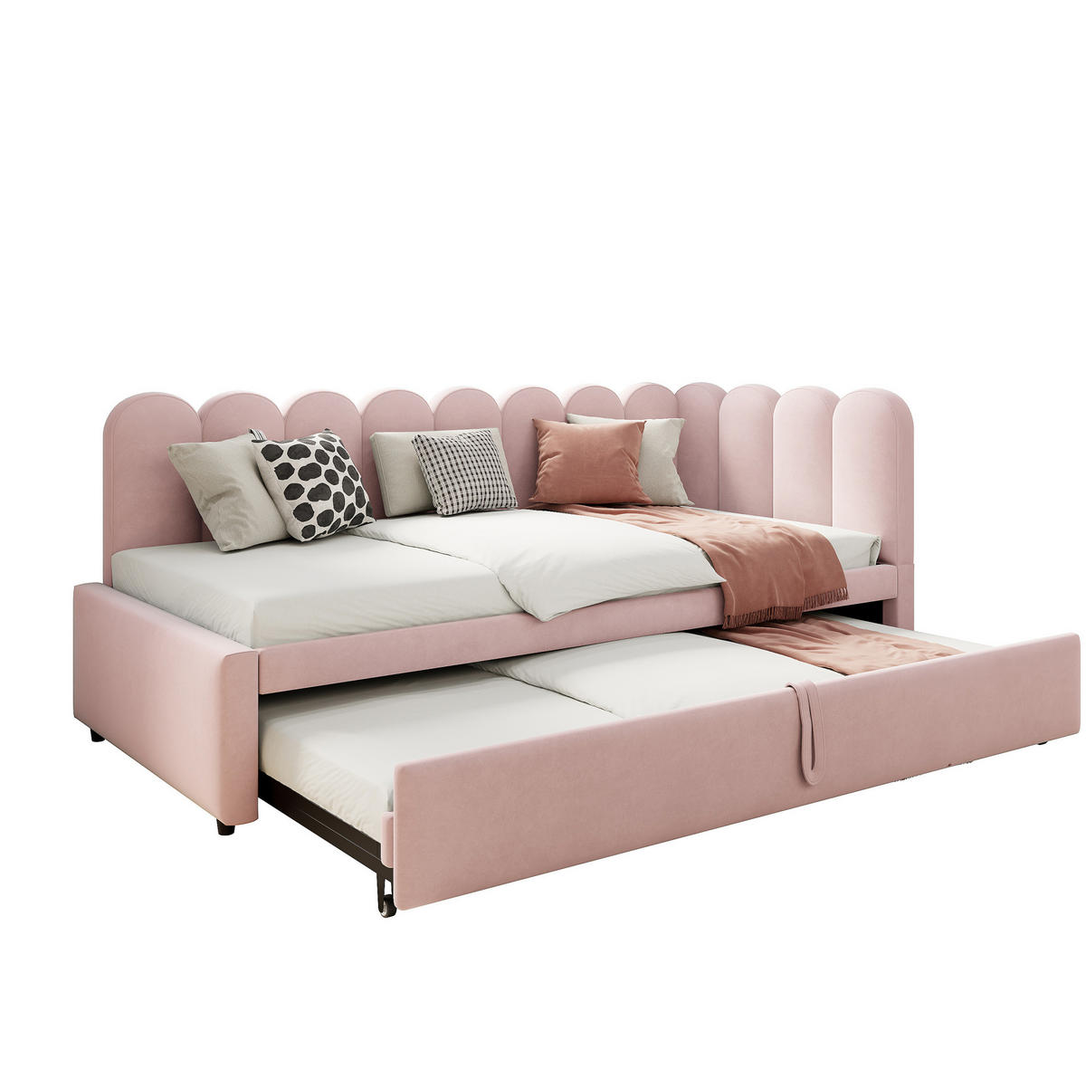 SAMT-POLSTERBETT 90/200 cm in Rosa mit Ausziehbett und gepolstertem Kopfteil - Rosa, Textil (90/200cm) - BEAOK