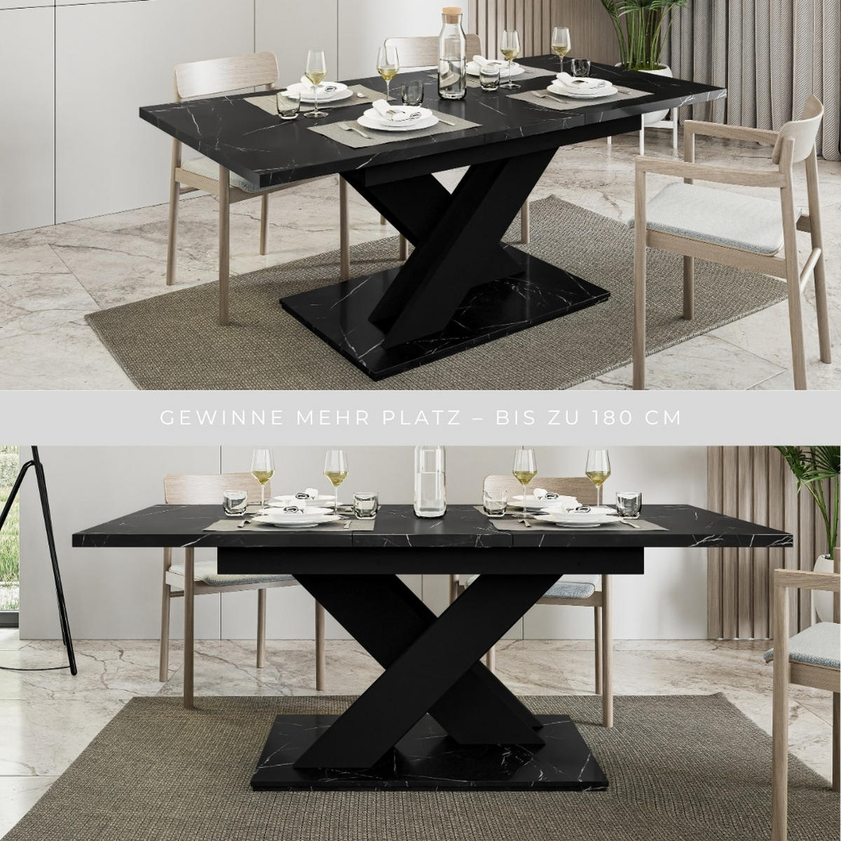 ESSTISCH Royal Schwarz Marmoptik Ausziehbar 140 - 180 cm - Schwarz, Holzwerkstoff (140/80/75cm) - PROSPERO