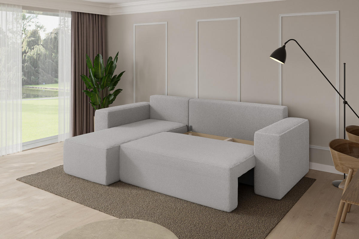 ROHOVÁ SEDAČKA s funkcí spaní, otoman vlevo SENO-L 249x139x85 světle šedá bouclé - černá/stříbrná, kompozitní dřevo/textil (249/139cm) - ALTDECOR