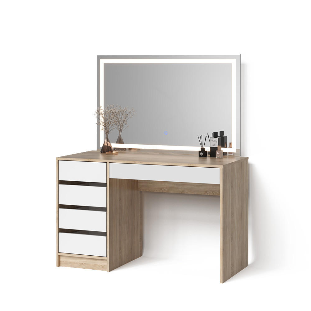 SCHMINKTISCH Imola Weiß/Sonoma 120 cm mit LED-Spiegel - Weiß/Sonoma Eiche, Holzwerkstoff (120/75/55cm) - Livinity®