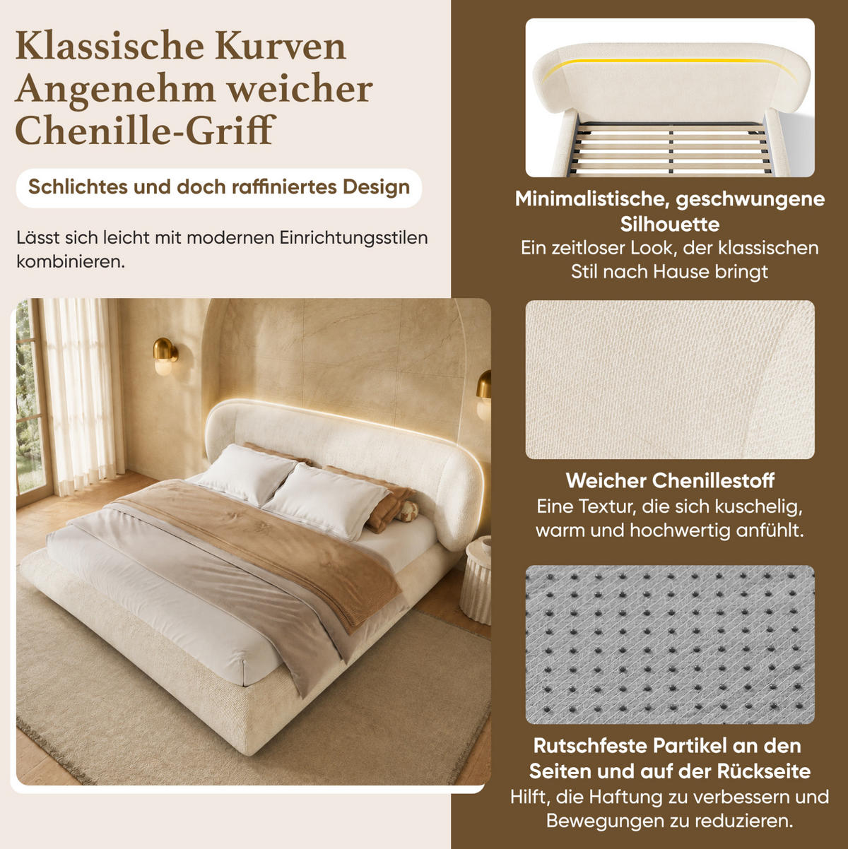 POLSTERBETT mit Chenille-Bezug 140x200 cm Beige mit Lattenrost und Kopfteil - Beige, Textil (140/200cm) - Modfu