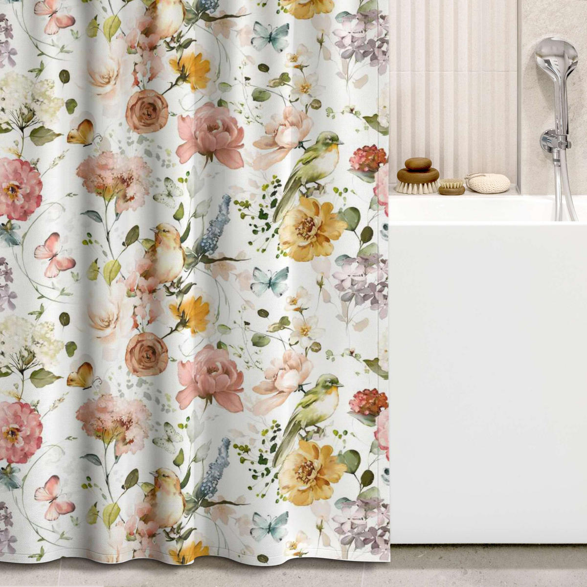 DUSCHVORHANG Blumen und Vögel Aquarell Muster 180/180 cm - Pastellblau, Textil (180/180cm) - Bilderwelten