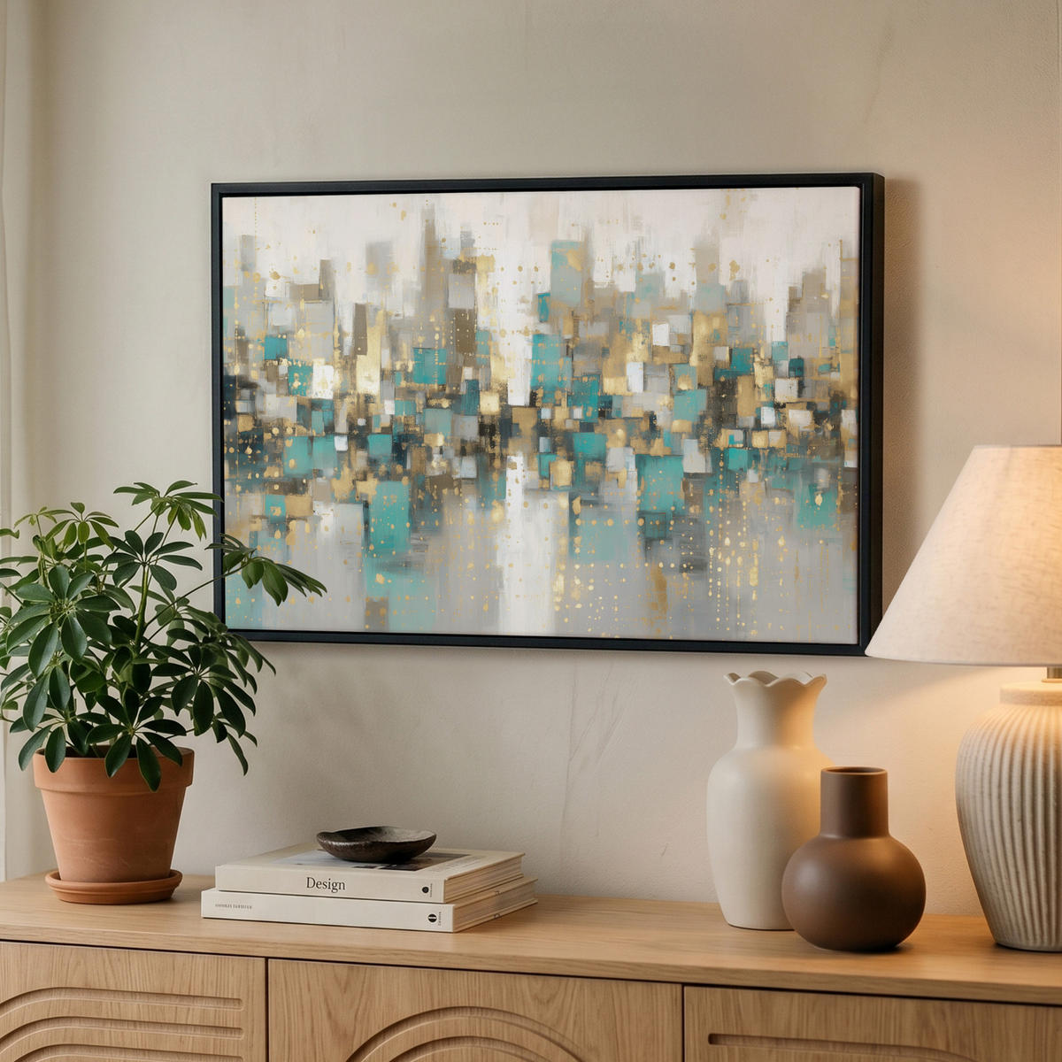 LEINWAND Bilder mit Rahmen - Abstrakt - Blöcke - Gold - Skyline - 60x40 - Beige, Textil (60/40cm) - MuchoWow