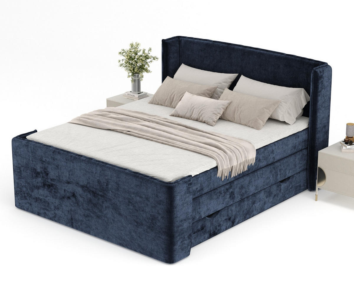 BOXSPRINGBETT Freeland Marineblau 140/200 cm mit Matratze und Topper - Schwarz/Dunkelblau, Holz/Holzwerkstoff (140/200cm) - Maison de Reve