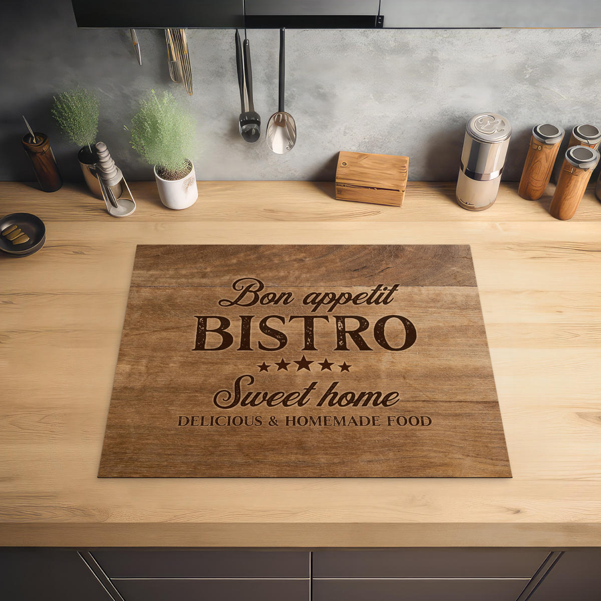 HERABDECKPLATTE - Zitat - Bistro - Guten Appetit - Süßes Zuhause - Holzmaserung - 65x55 - Braun, Kunststoff (65/55/0.2cm) - MuchoWow
