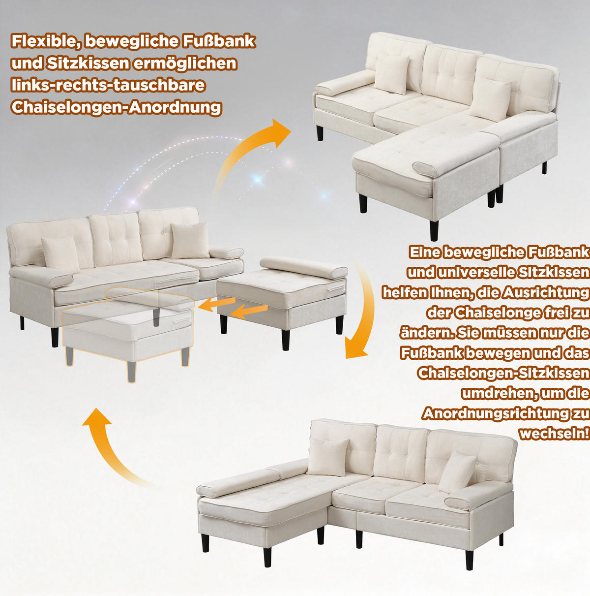 ECKSOFA Chenille mit Fußbank und modularer L-Form 195/149/86 cm Beige - Beige, Textil (149/195cm) - Redom