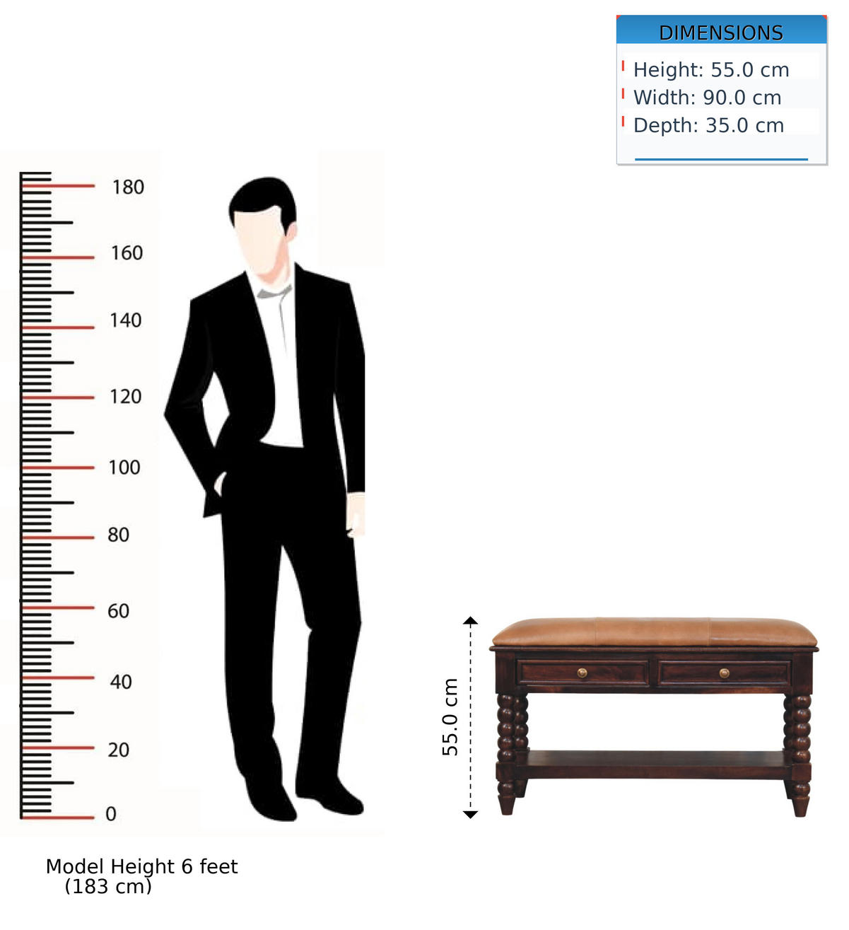 LAVICA s povrchovou úpravou Wine-Wood-Oak, 2 zásuvky, 1 veľká otvorená priehradka, koža, hnedá - hnedá, kov/drevo (90/55/35cm) - Artisan Furniture