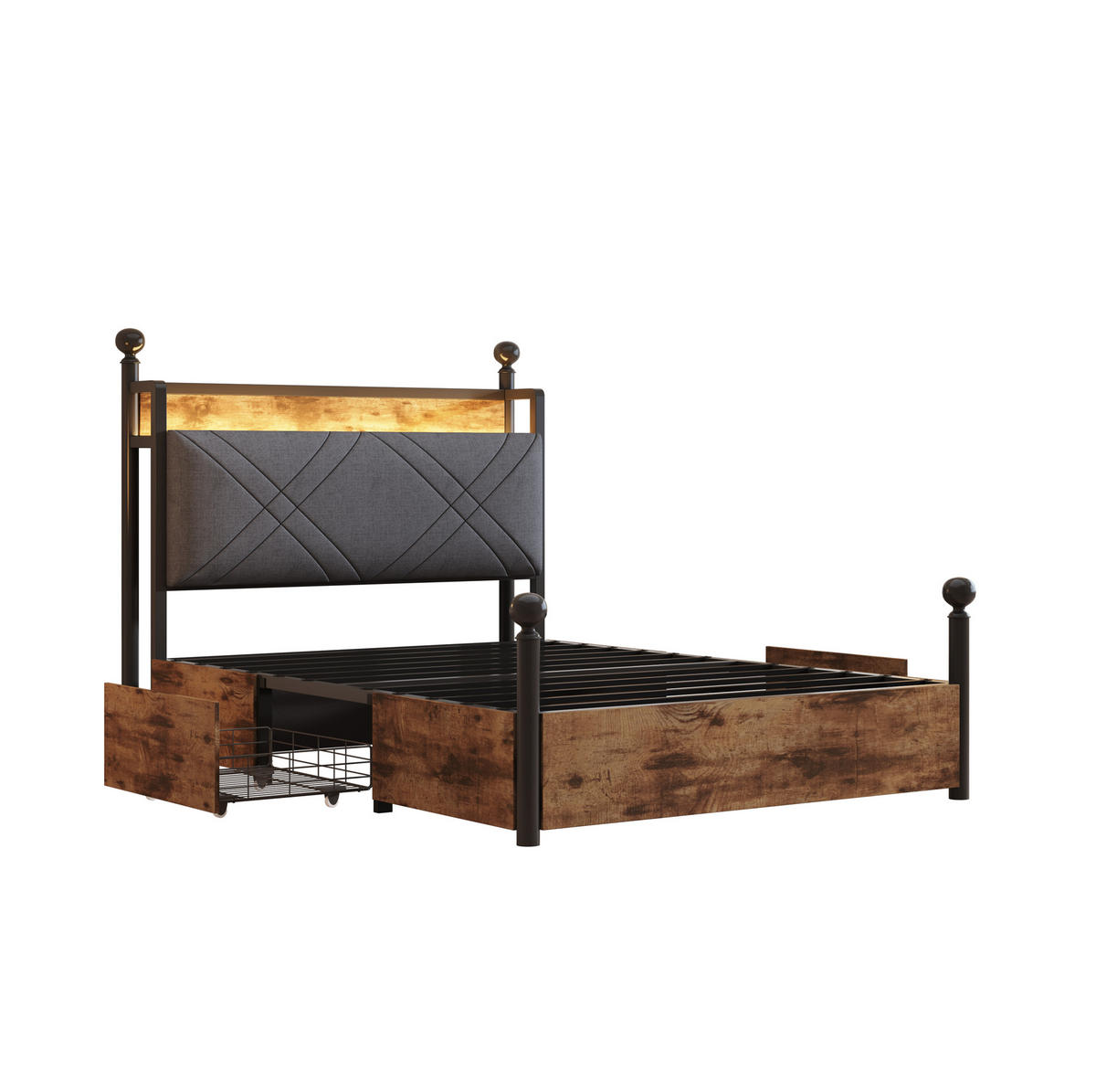 BETT Multifunktionales 90/190 cm mit Stauraum und schwenkbarem Baldachin - Schwarz, Metall (90/190cm) - OKWISH