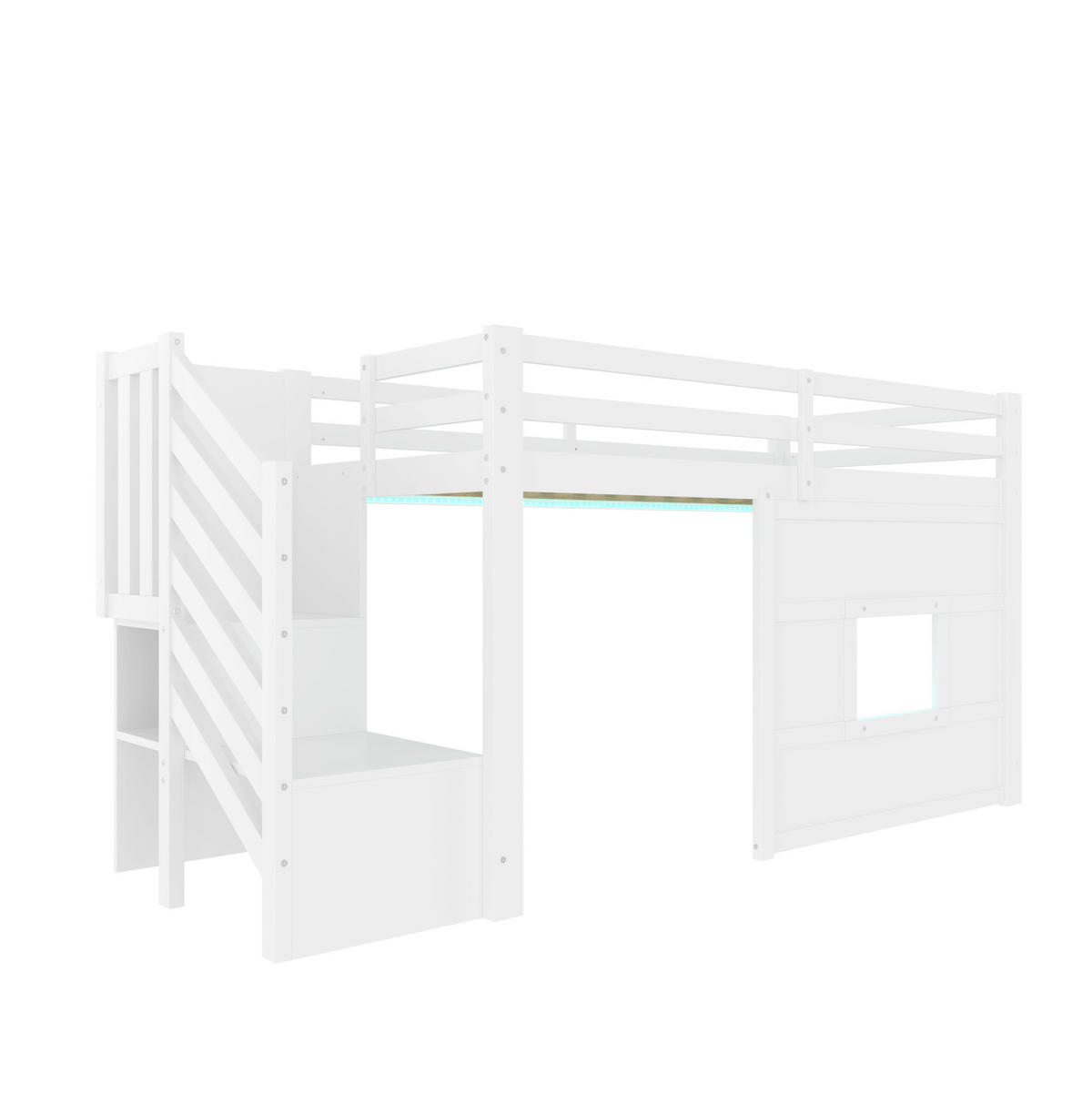 HOCHBETT 90/200 cm aus Kiefer, MDF und Sperrholz mit Stauraumtreppe und Fenster Weiß - Weiß, Holzwerkstoff (90/200cm) - Modenvie