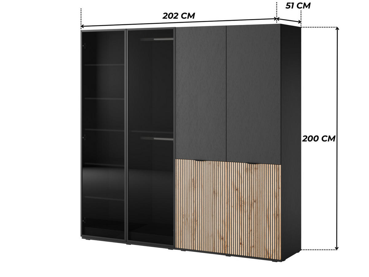 KLEIDERSCHRANK ZEN (Modular, Schwarz, Wotan Eiche & Getöntes Glas Antisol, 4-türig) - Eiche Wotan/Schwarz, Holz/Holzwerkstoff (202/200/51cm) - Ravio