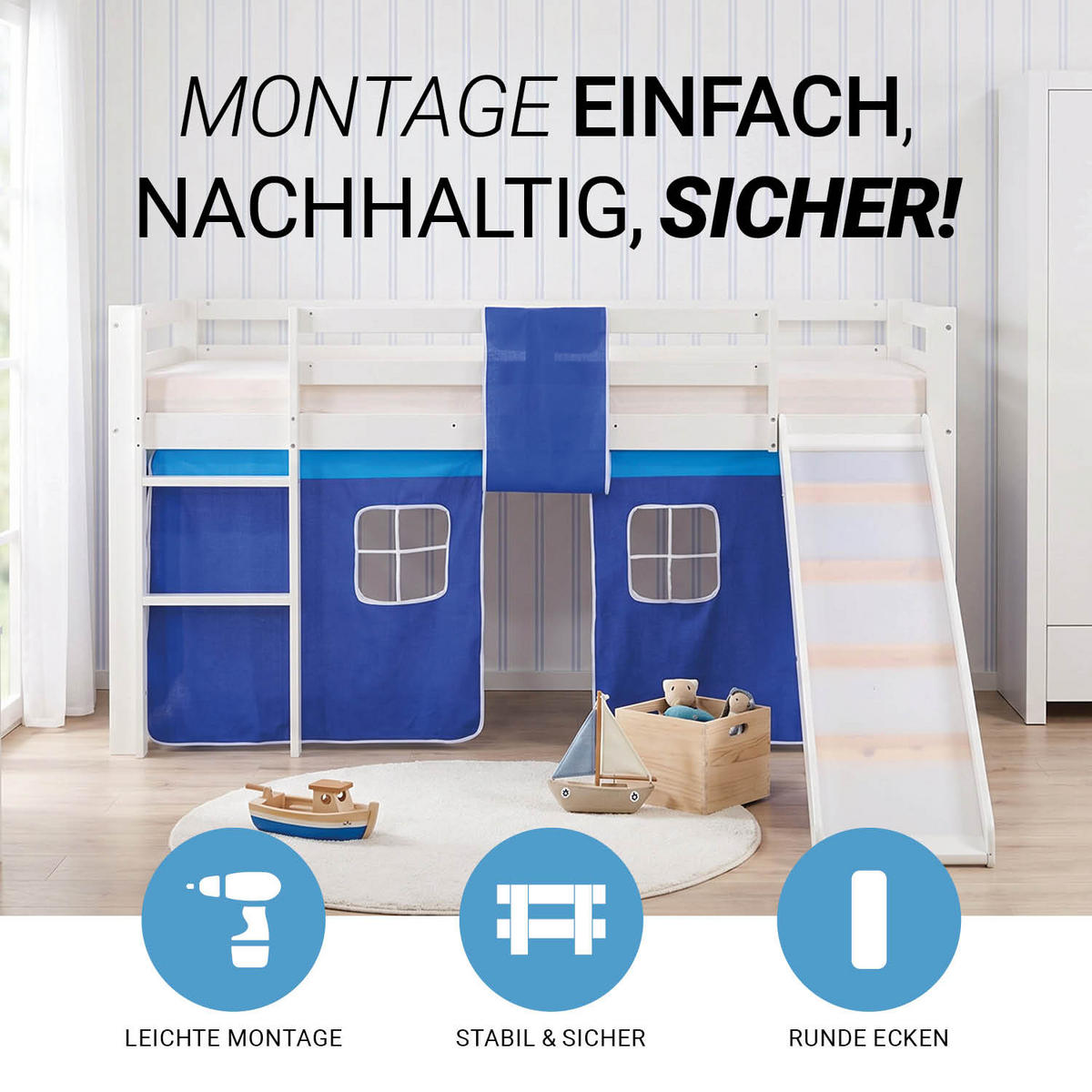 HOCHBETT 90/200 cm Lattenrost BLAU mit Rutsche - Blau/Weiß, Holz - Homestyle4u