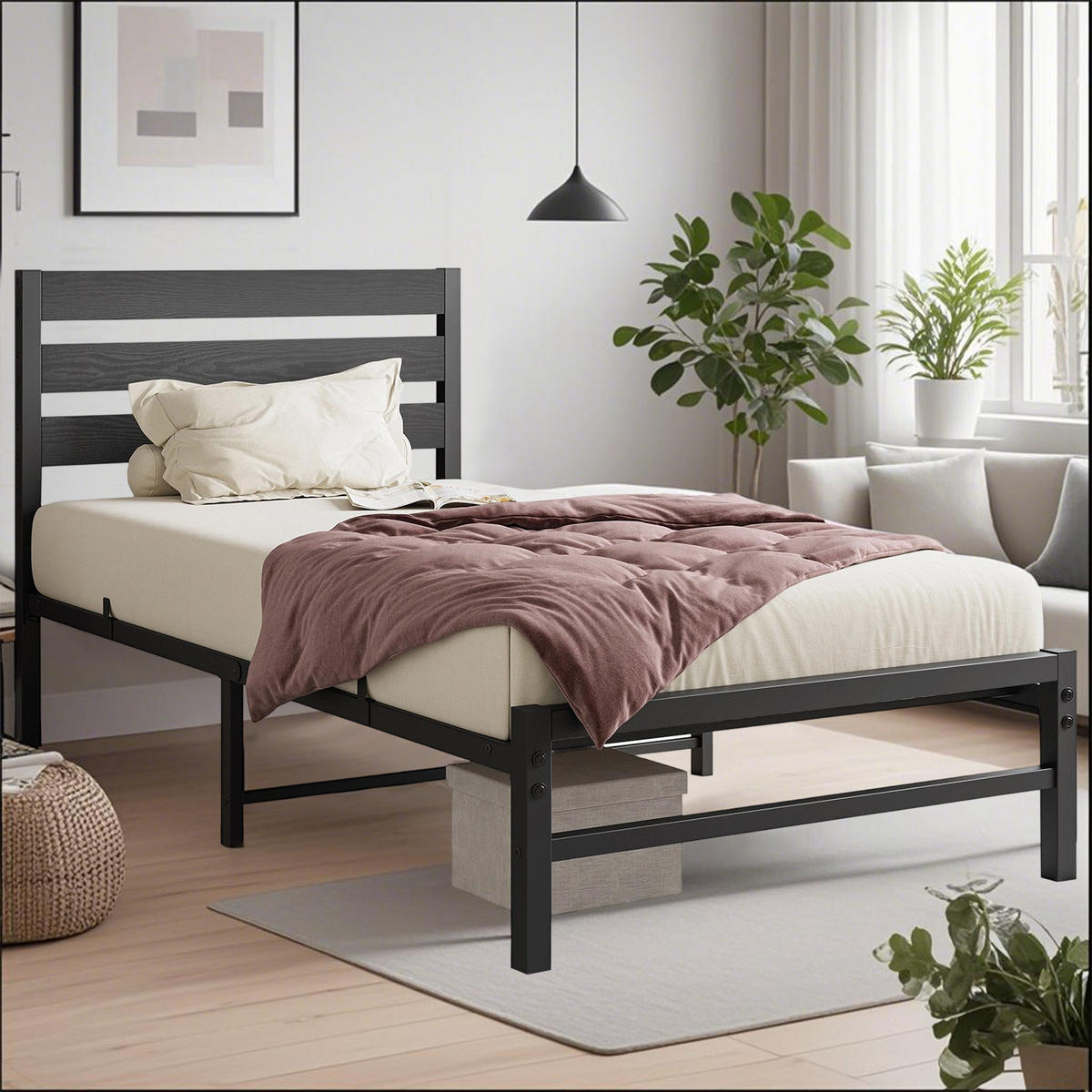 METALLBETT 90/200 cm Schwarz mit komfortablem Kopfteil - Schwarz, Metall (90/200cm) - OKWISH