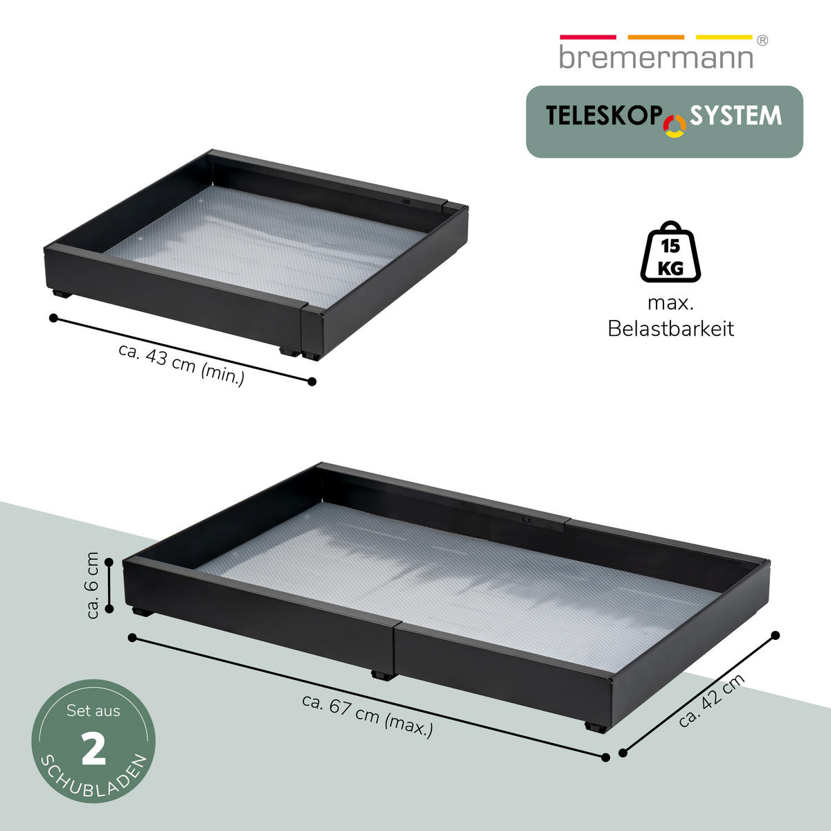 TELESKOPSCHUBLADEN (2er Set), ausziehbar, Metall, schwarz - Schwarz, Metall (67/6/42cm) - bremermann