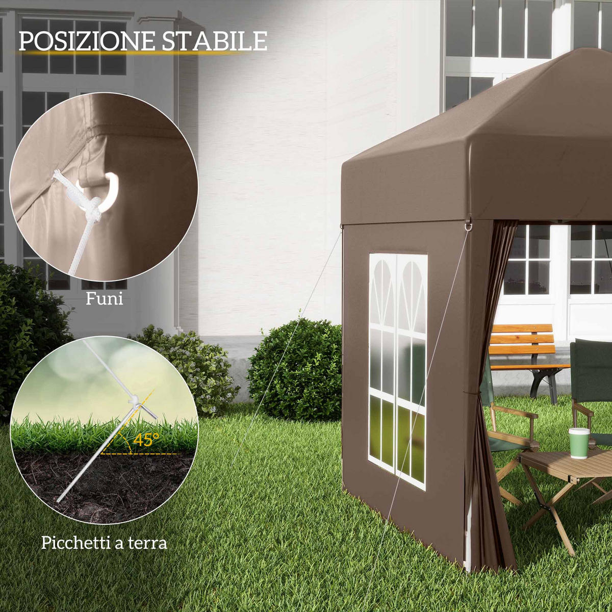 PAVILLON (2 x 2 m) mit 4 abnehmbaren Seitenwänden und Tragetasche,Faltbarer, braun - Braun, Metall (2/2.4/2cm) - Vallsero