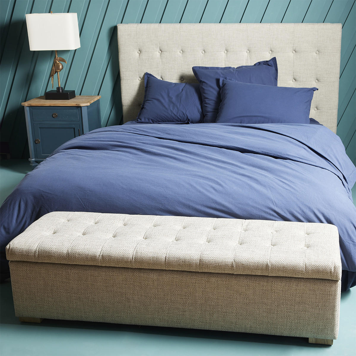 BANK mit Truhe und strukturiertem Leinenbezug L140 x H44cm - Vatican - Ecru, Textil (39/44/140cm) - Signature