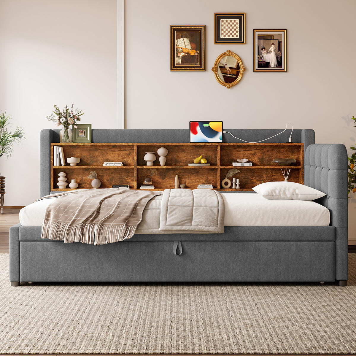 DAYBETT 90/200 cm Grau multifunktionales Ausziehbett mit USB- und Type-C-Anschlüssen aus Leinen - Grau, Textil (90/200cm) - OKWISH