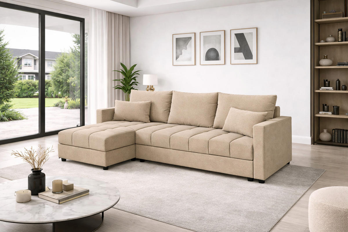 WOHNLANDSCHAFT AURELIA– Ecksofa in L-Form mit Schlaffunktion Bettkasten & Kissen Stoff KRONOS 226 cm Creme - Creme, Kunststoff (226/140cm) - Wohnideebilder