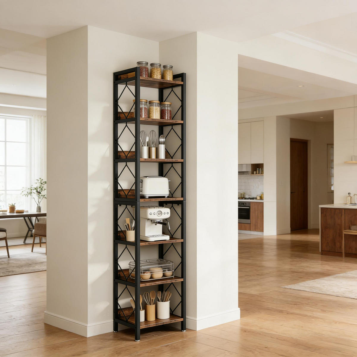 BÜCHERREGAL Schwarz/Braun 7 offene Fächer 35/35/200 cm - Schwarz, Metall (35/200/35cm) - PANGIVO